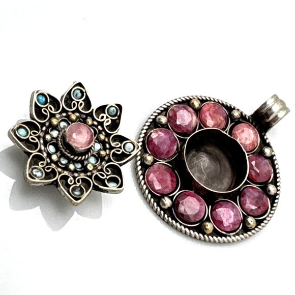 Bohemian Silver? Pendant Tourmaline Turquoise Box Handmade Nepal - Picture 2 of 7